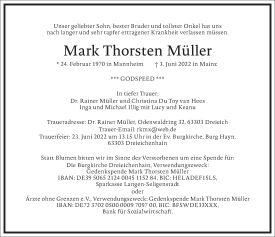 Traueranzeige von Mark Thorsten Müller von Frankfurter Allgemeine Zeitung