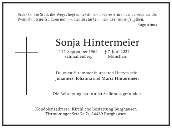 Traueranzeige von Sonja Hintermeier von Frankfurter Allgemeine Zeitung
