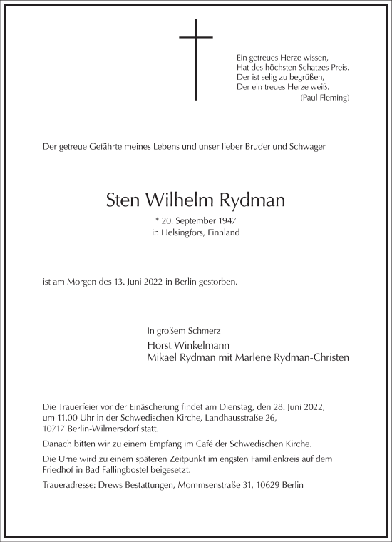 Traueranzeige von Sten Wilhelm Rydman von Frankfurter Allgemeine Zeitung