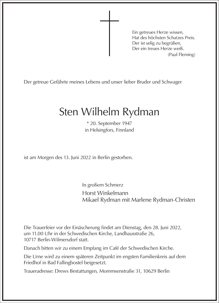  Traueranzeige für Sten Wilhelm Rydman vom 18.06.2022 aus Frankfurter Allgemeine Zeitung