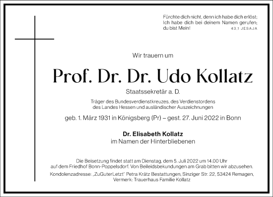 Traueranzeige von Udo Kollatz von Frankfurter Allgemeine Zeitung