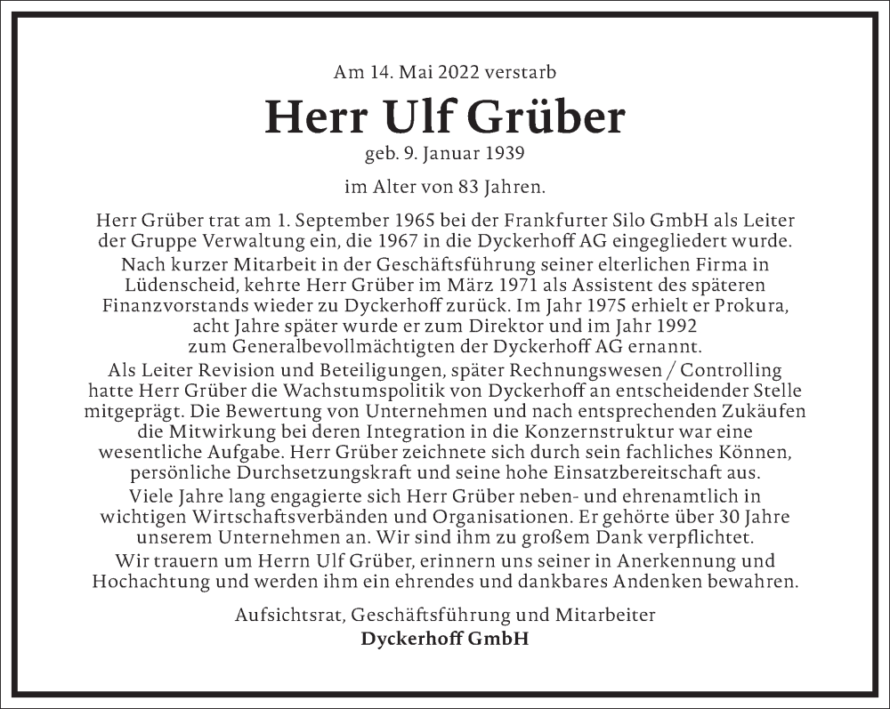  Traueranzeige für Ulf Grüber vom 04.06.2022 aus Frankfurter Allgemeine Zeitung