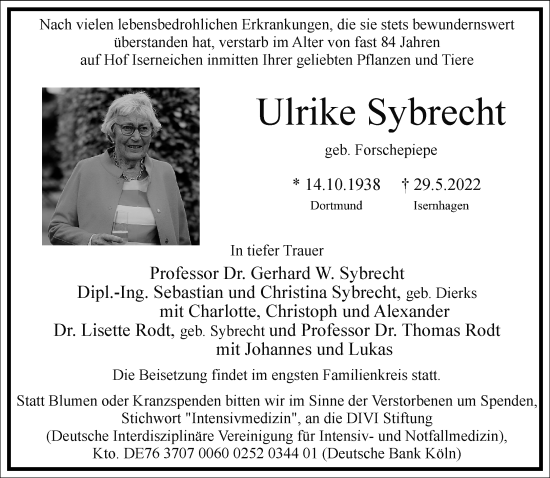 Traueranzeige von Ulrike Sybrecht von Frankfurter Allgemeine Zeitung