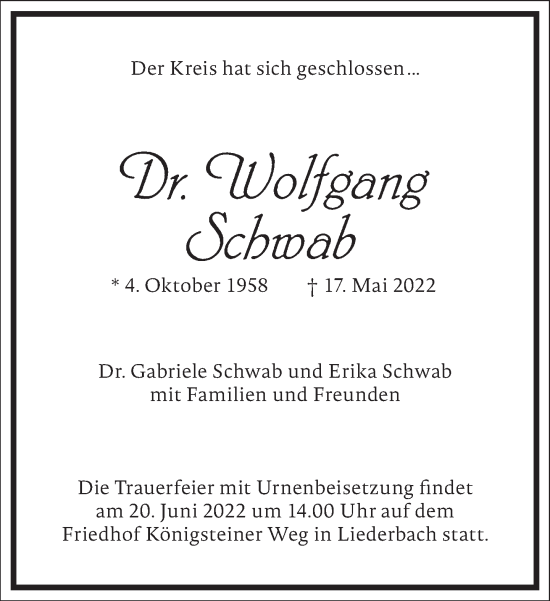 Traueranzeige von Wolfgang Schwab von Frankfurter Allgemeine Zeitung