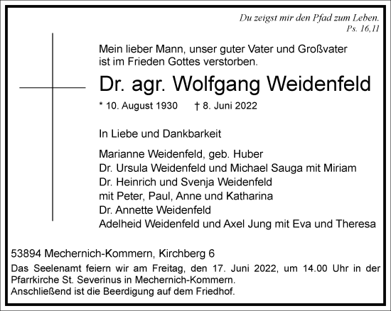 Traueranzeige von Wolfgang Weidenfeld von Frankfurter Allgemeine Zeitung