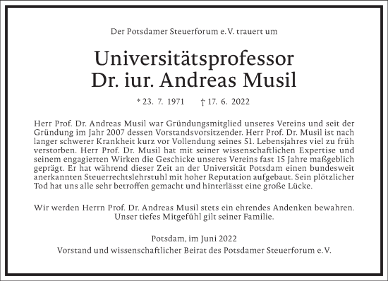 Traueranzeige von Andreas Musil von Frankfurter Allgemeine Zeitung