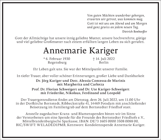 Traueranzeige von Annemarie Kariger von Frankfurter Allgemeine Zeitung