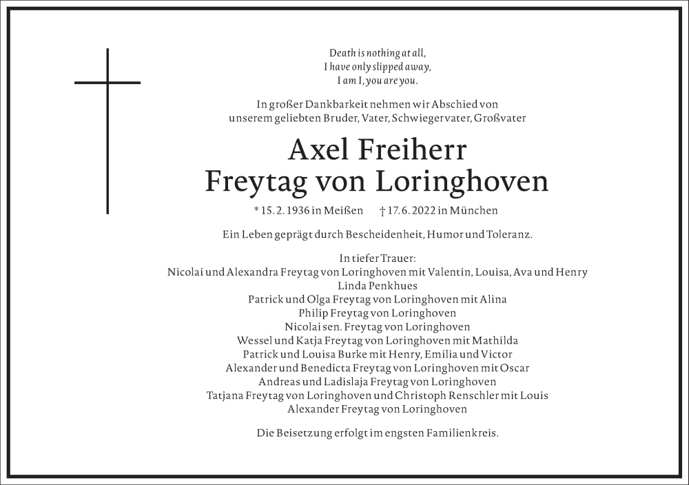  Traueranzeige für Axel Freiherr Freytag von Loringhoven vom 09.07.2022 aus Frankfurter Allgemeine Zeitung