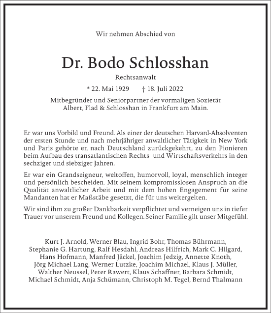 Traueranzeige von Bodo Schlosshan von Frankfurter Allgemeine Zeitung