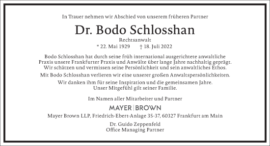 Traueranzeige von Bodo Schlosshan von Frankfurter Allgemeine Zeitung