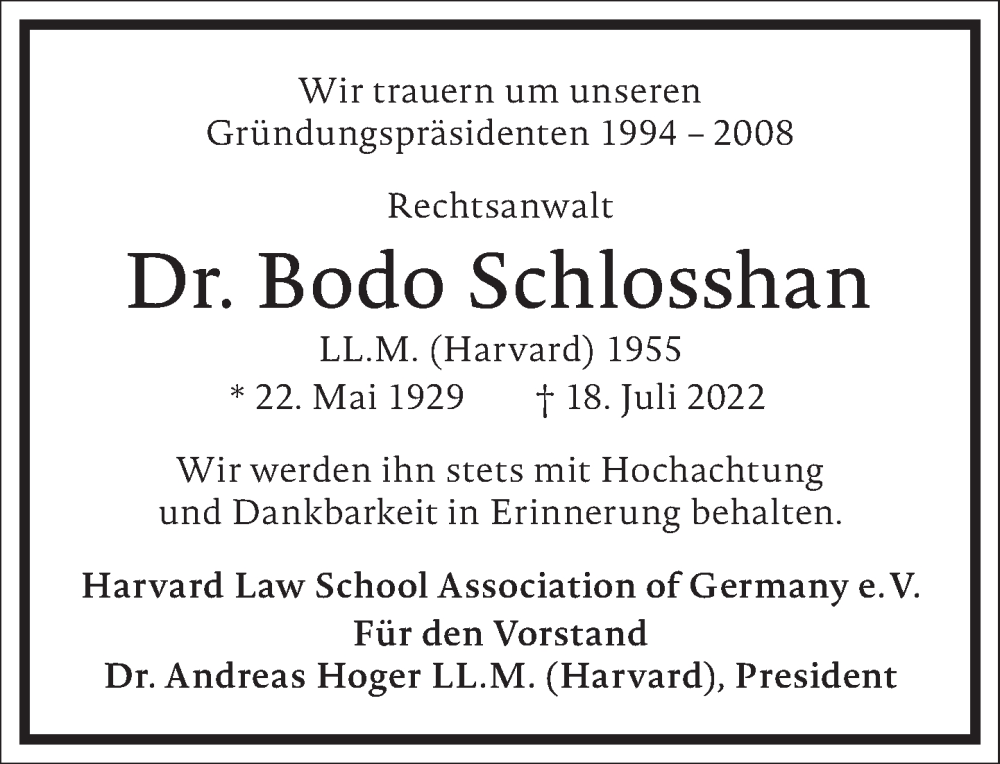  Traueranzeige für Bodo Schlosshan vom 23.07.2022 aus Frankfurter Allgemeine Zeitung