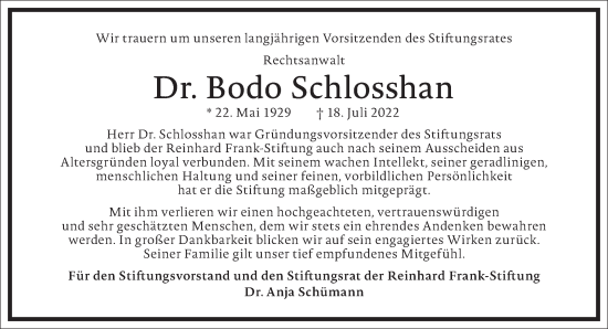 Traueranzeige von Bodo Schlosshan von Frankfurter Allgemeine Zeitung