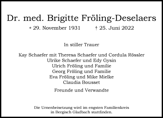 Traueranzeige von Brigitte Fröling-Deselaers von Frankfurter Allgemeine Zeitung