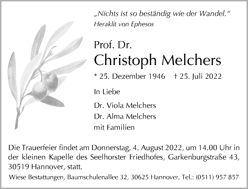  Traueranzeige für Christoph Melchers vom 30.07.2022 aus Frankfurter Allgemeine Zeitung