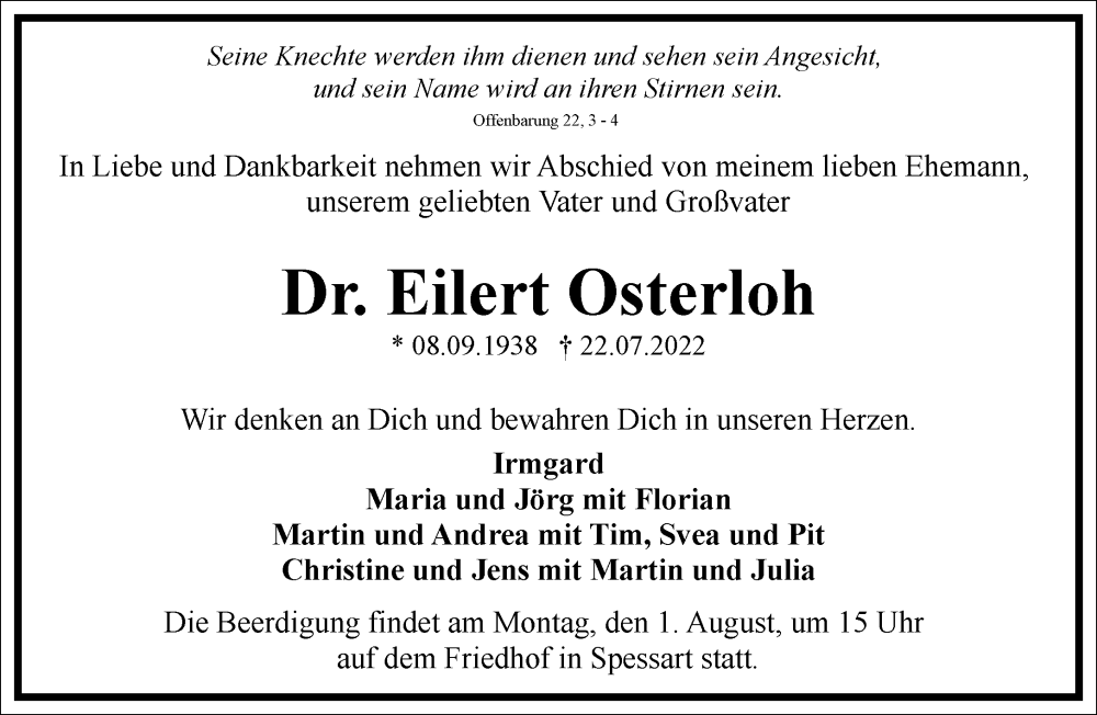  Traueranzeige für Eilert Osterloh vom 28.07.2022 aus Frankfurter Allgemeine Zeitung