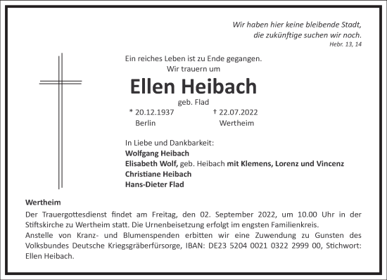 Traueranzeige von Ellen Heibach von Frankfurter Allgemeine Zeitung