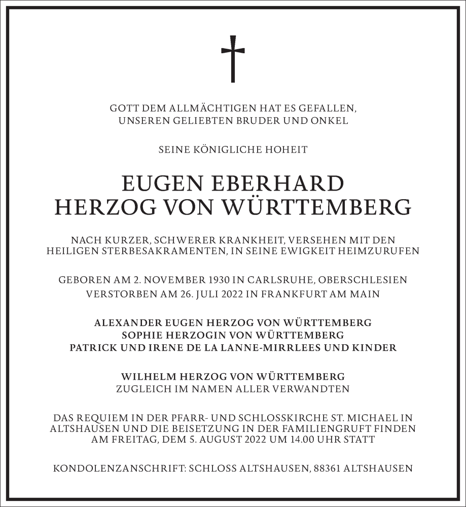  Traueranzeige für Eugen Eberhard Herzog von Württemberg vom 30.07.2022 aus Frankfurter Allgemeine Zeitung