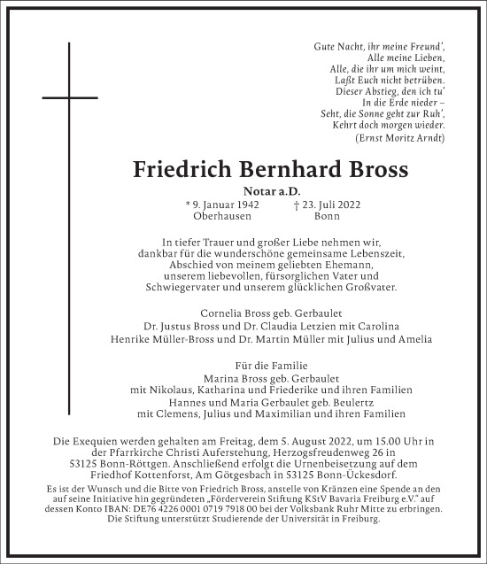 Traueranzeige von Friedrich Bernhard Bross von Frankfurter Allgemeine Zeitung