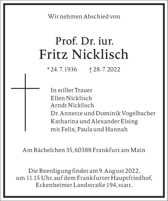 Traueranzeige von Fritz Nicklisch von Frankfurter Allgemeine Zeitung
