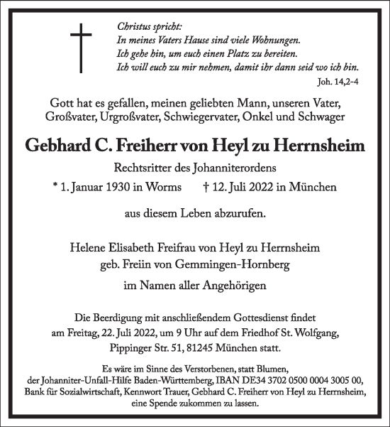 Traueranzeige von Gebhard C. Freiherr von Heyl zu Herrnsheim von Frankfurter Allgemeine Zeitung