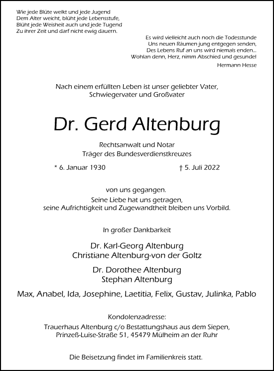 Traueranzeige von Gerd Altenburg von Frankfurter Allgemeine Zeitung