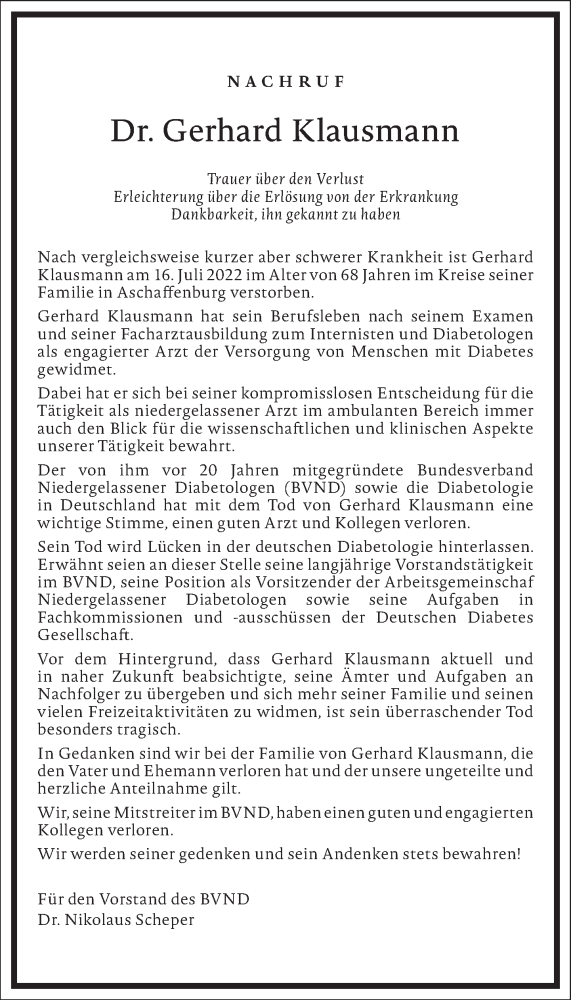  Traueranzeige für Gerhard Klausmann vom 30.07.2022 aus Frankfurter Allgemeine Zeitung