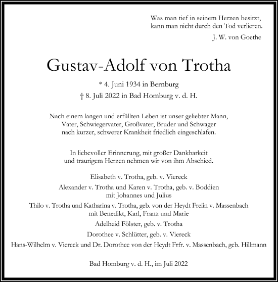 Traueranzeige von Gustav-Adolf von Trotha von Frankfurter Allgemeine Zeitung