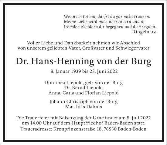 Traueranzeige von Hans-Henning von der Burg von Frankfurter Allgemeine Zeitung