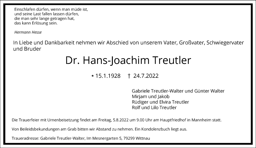  Traueranzeige für Hans-Joachim Treutler vom 30.07.2022 aus Frankfurter Allgemeine Zeitung