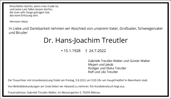 Traueranzeige von Hans-Joachim Treutler von Frankfurter Allgemeine Zeitung