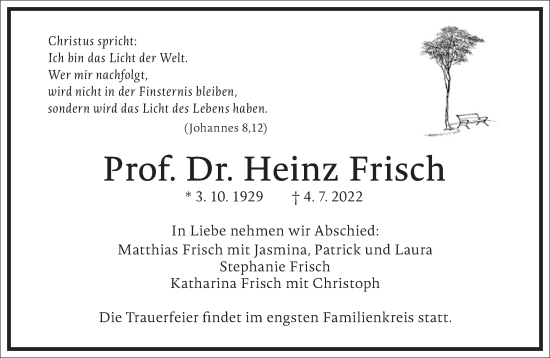 Traueranzeige von Heinz Frisch von Frankfurter Allgemeine Zeitung