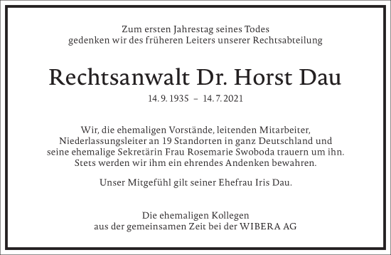 Traueranzeige von Horst Dau von Frankfurter Allgemeine Zeitung