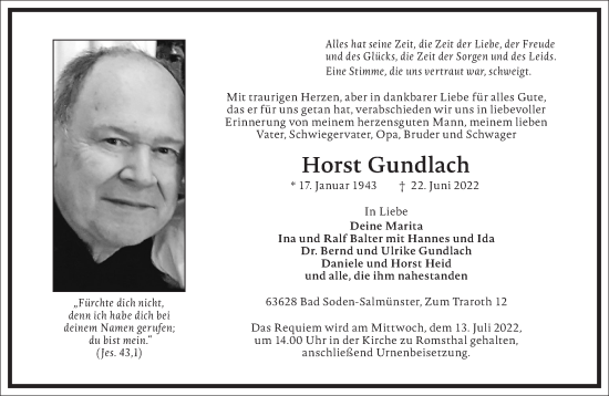 Traueranzeige von Horst Gundlach von Frankfurter Allgemeine Zeitung