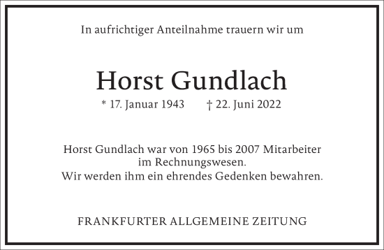 Traueranzeige von Horst Gundlach von Frankfurter Allgemeine Zeitung