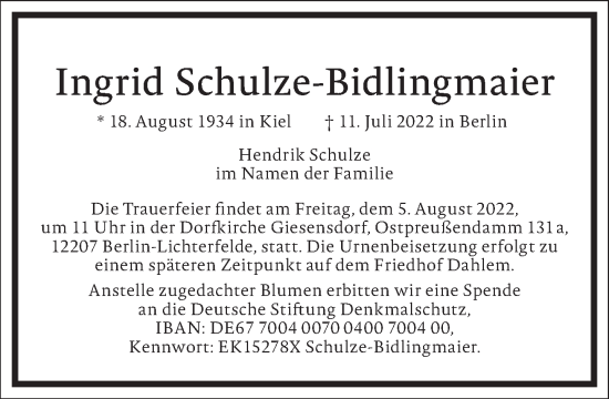 Traueranzeige von Ingrid Schulze-Bidlingmaier von Frankfurter Allgemeine Zeitung