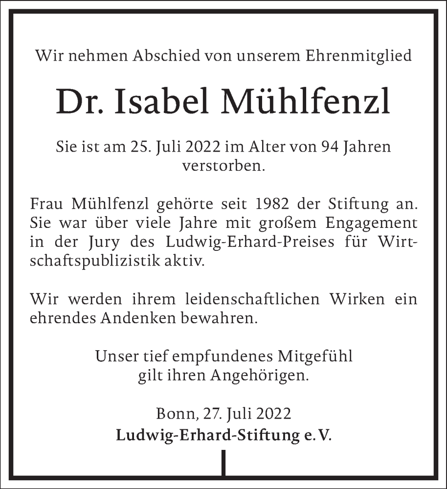  Traueranzeige für Isabel Mühlfenzl vom 30.07.2022 aus Frankfurter Allgemeine Zeitung