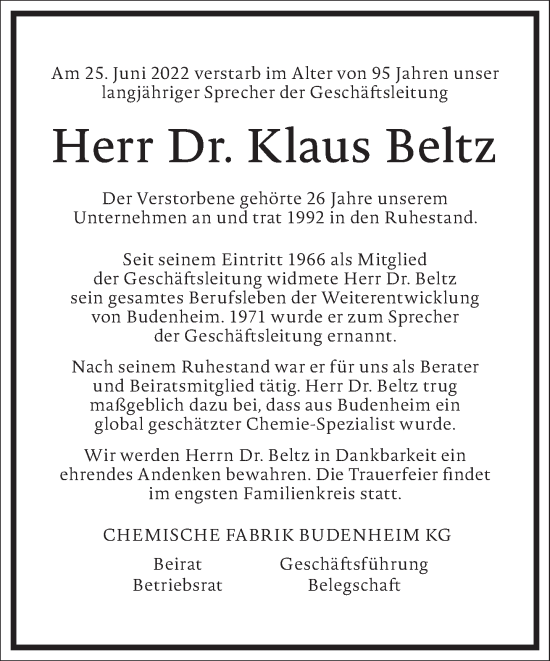 Traueranzeigen von Klaus Beltz Frankfurter Allgemeine Lebenswege