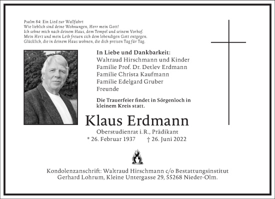 Traueranzeige von Klaus Erdmann von Frankfurter Allgemeine Zeitung