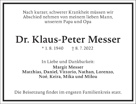 Traueranzeige von Klaus-Peter Messer von Frankfurter Allgemeine Zeitung