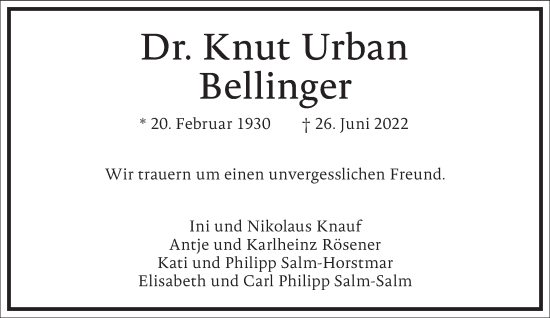 Traueranzeige von Knut Urban Bellinger von Frankfurter Allgemeine Zeitung