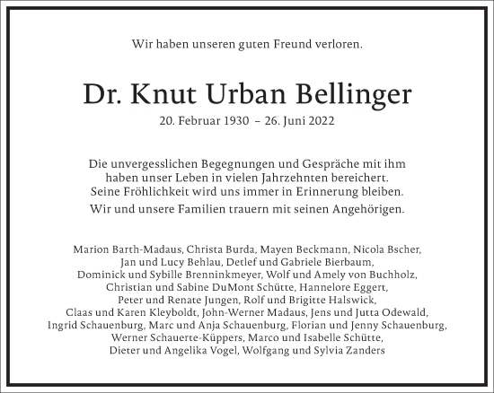 Traueranzeige von Knut Urban Bellinger von Frankfurter Allgemeine Zeitung