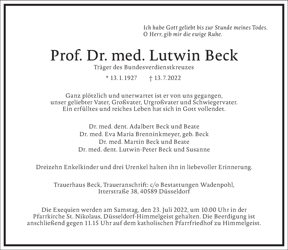  Traueranzeige für Lutwin Beck vom 16.07.2022 aus Frankfurter Allgemeine Zeitung