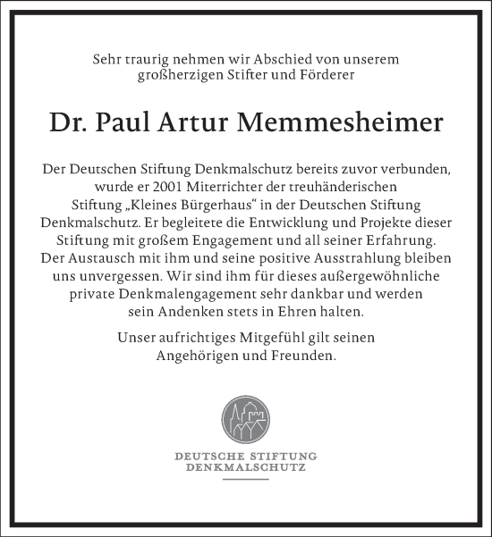 Traueranzeige von Paul Artur Memmesheimer von Frankfurter Allgemeine Zeitung