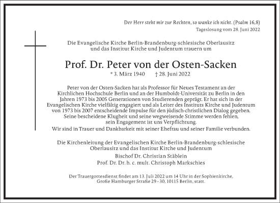 Traueranzeige von Peter von der Osten-Sacken von Frankfurter Allgemeine Zeitung