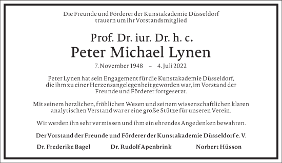 Traueranzeige von Peter Michael Lynen von Frankfurter Allgemeine Zeitung