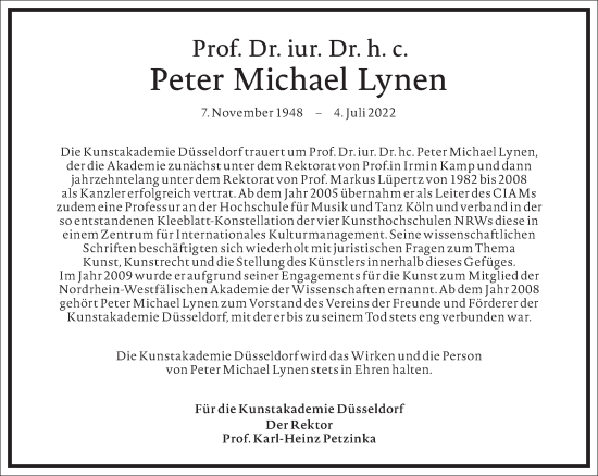 Traueranzeige von Peter Michael Lynen von Frankfurter Allgemeine Zeitung