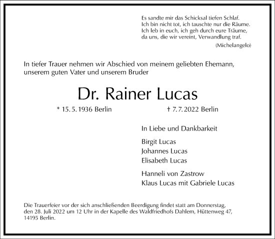 Traueranzeige von Rainer Lucas von Frankfurter Allgemeine Zeitung