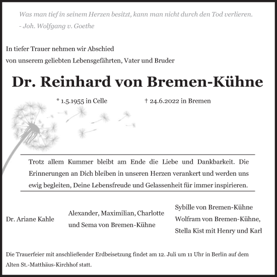 Traueranzeige von Reinhard von Bremen-Kühne von Frankfurter Allgemeine Zeitung