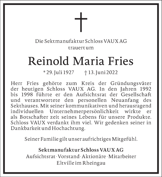 Traueranzeige von Reinold Maria Fries von Frankfurter Allgemeine Zeitung