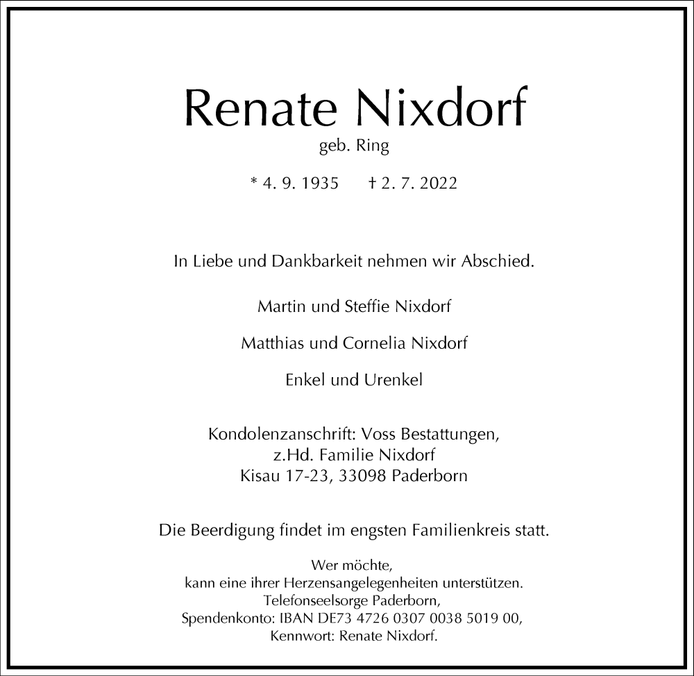  Traueranzeige für Renate Nixdorf vom 09.07.2022 aus Frankfurter Allgemeine Zeitung